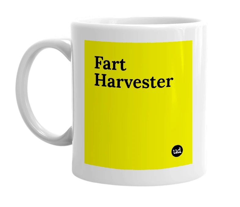 White mug with 'Fart Harvester' in bold black letters