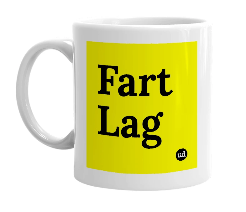 White mug with 'Fart Lag' in bold black letters