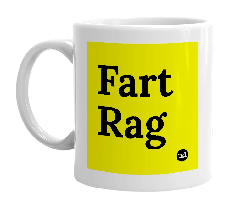 White mug with 'Fart Rag' in bold black letters