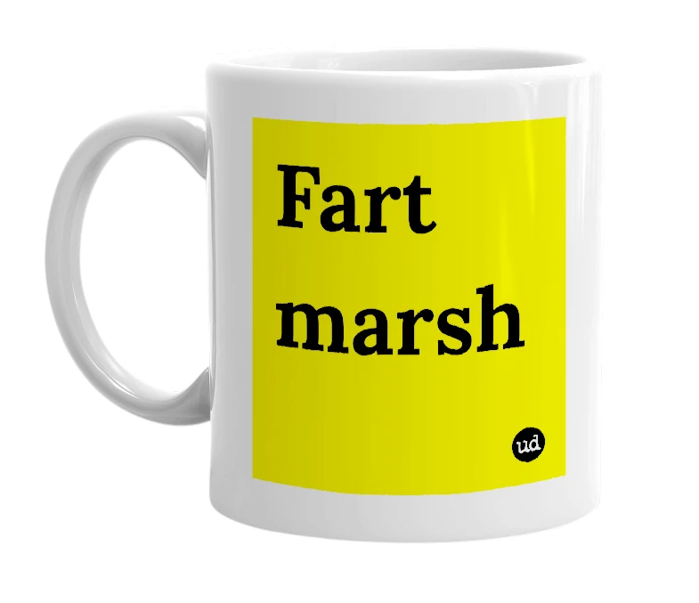White mug with 'Fart marsh' in bold black letters