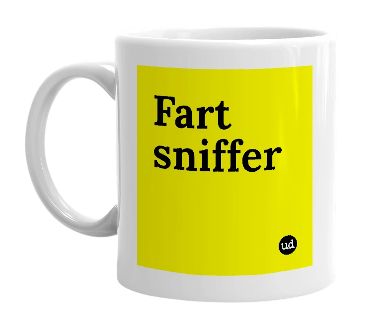 White mug with 'Fart sniffer' in bold black letters