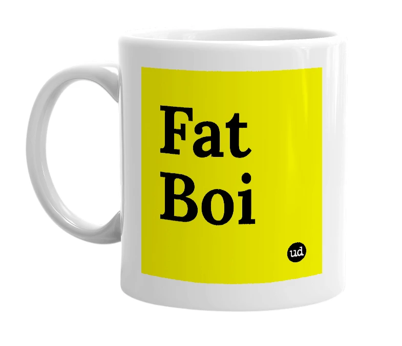 White mug with 'Fat Boi' in bold black letters