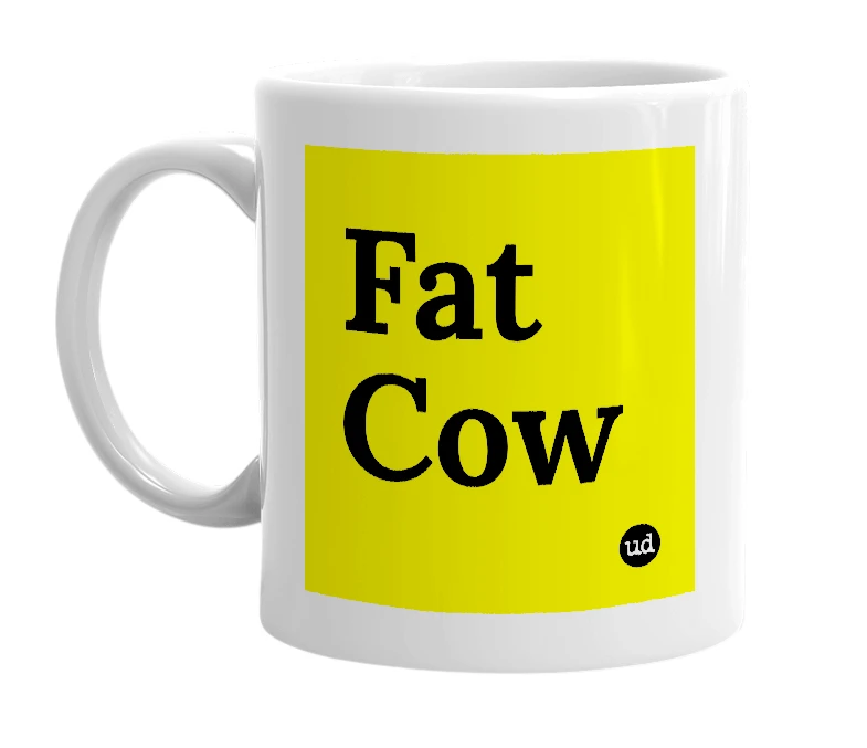 White mug with 'Fat Cow' in bold black letters