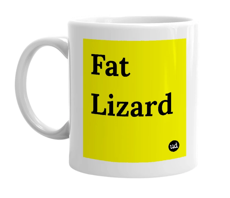 White mug with 'Fat Lizard' in bold black letters