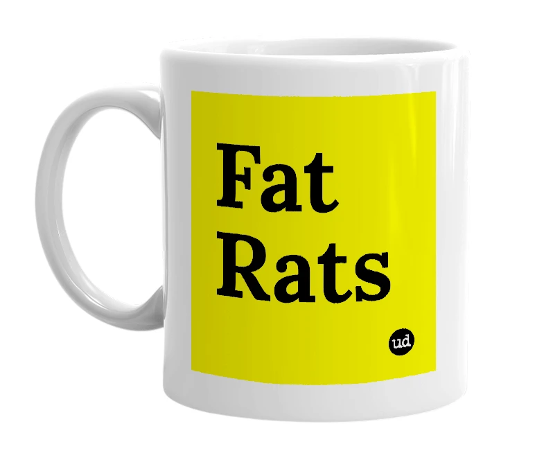 White mug with 'Fat Rats' in bold black letters