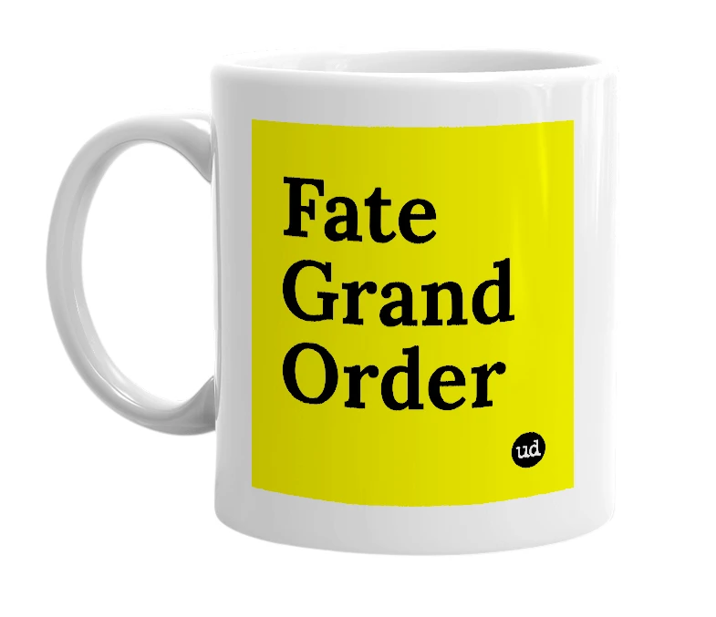 White mug with 'Fate Grand Order' in bold black letters