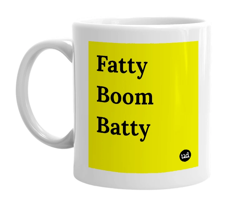 White mug with 'Fatty Boom Batty' in bold black letters