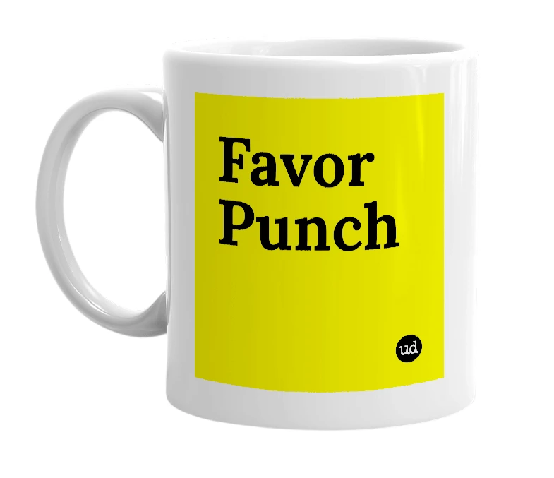 White mug with 'Favor Punch' in bold black letters