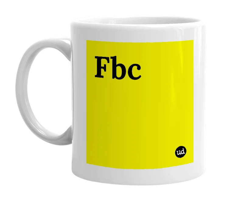 White mug with 'Fbc' in bold black letters