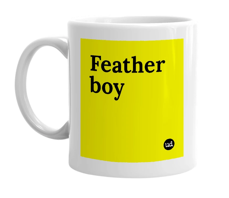 White mug with 'Feather boy' in bold black letters