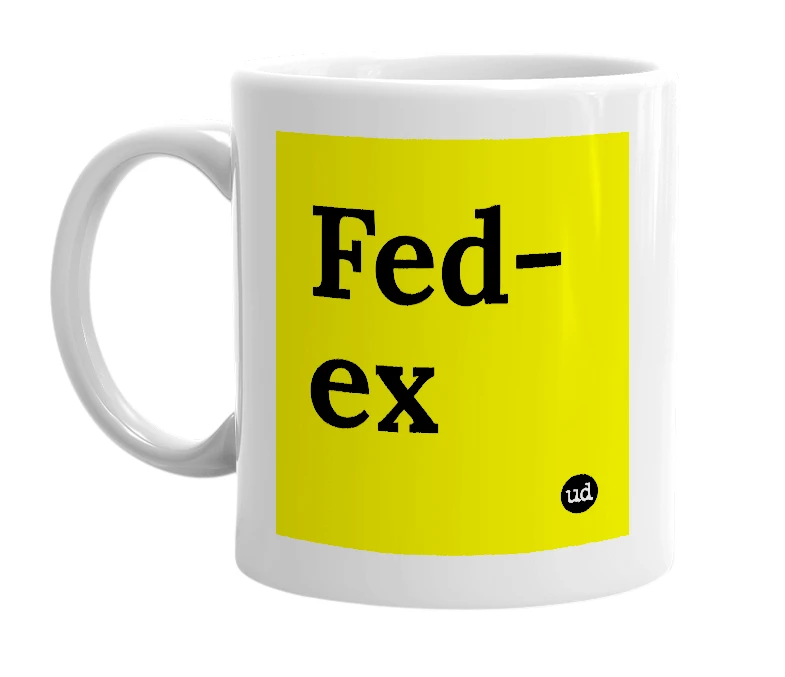 White mug with 'Fed-ex' in bold black letters