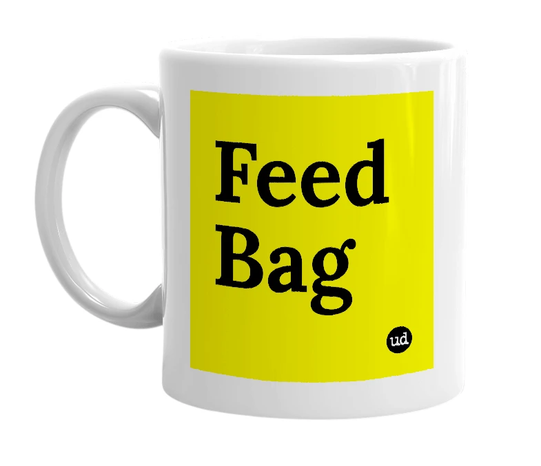 White mug with 'Feed Bag' in bold black letters