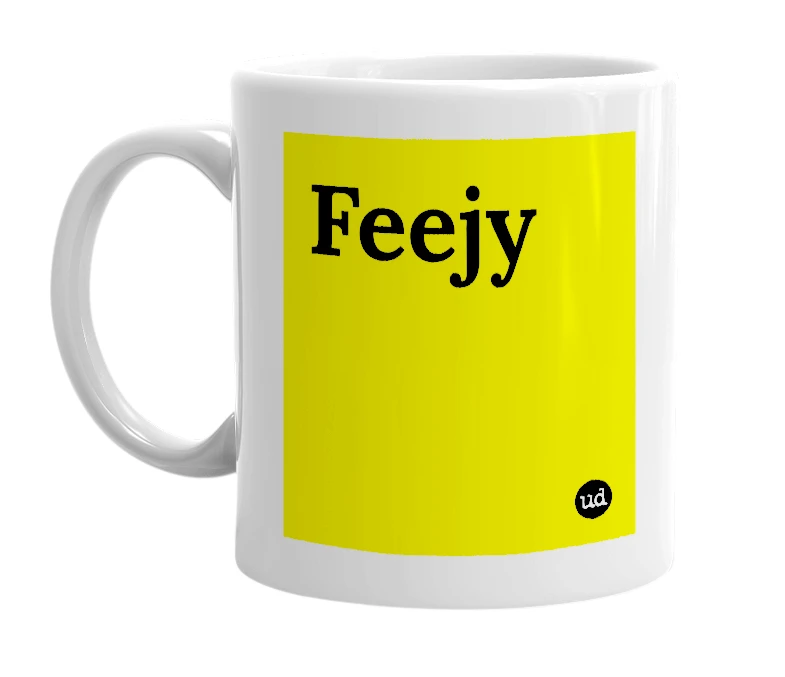 White mug with 'Feejy' in bold black letters