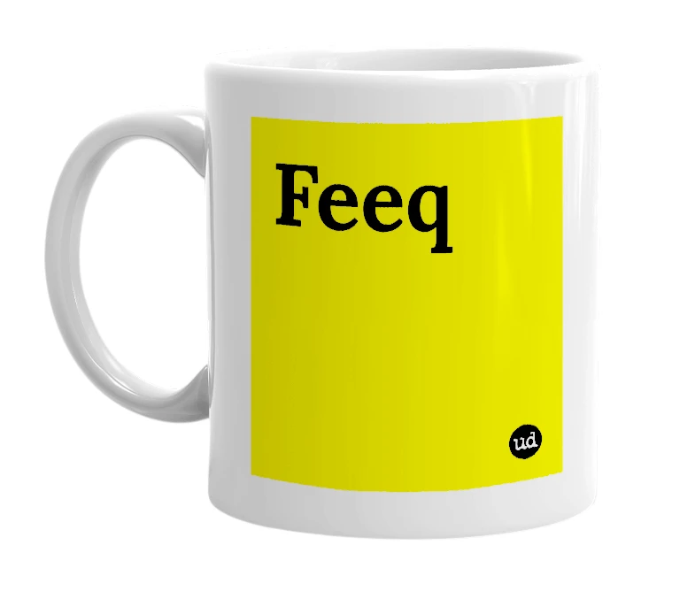 White mug with 'Feeq' in bold black letters