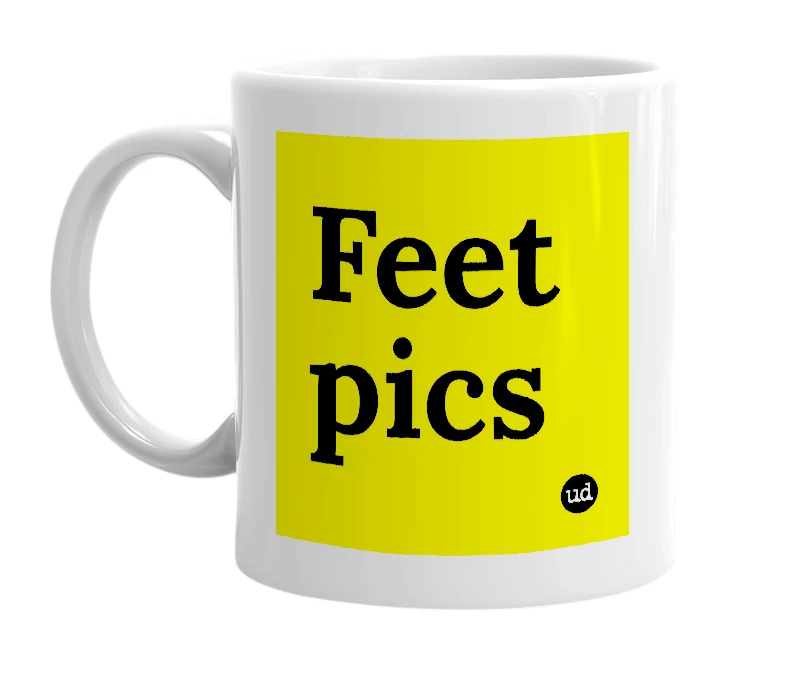 White mug with 'Feet pics' in bold black letters