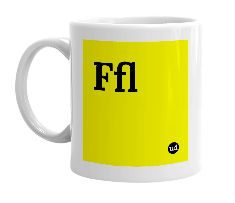 White mug with 'Ffl' in bold black letters
