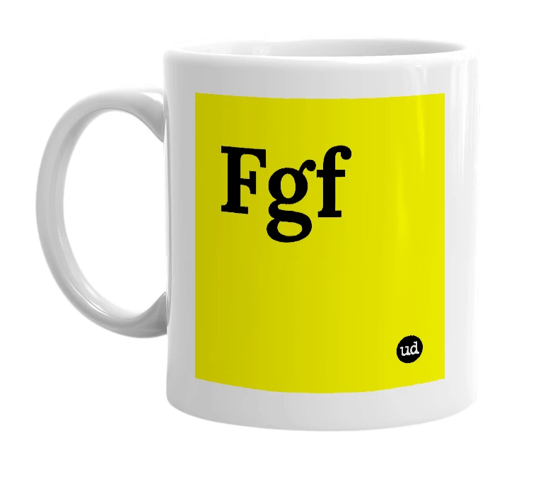 White mug with 'Fgf' in bold black letters