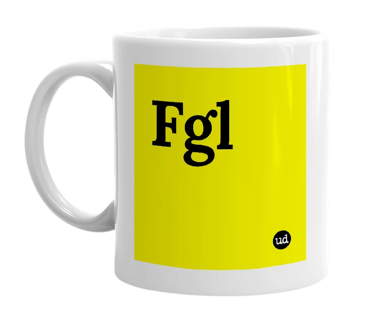 White mug with 'Fgl' in bold black letters