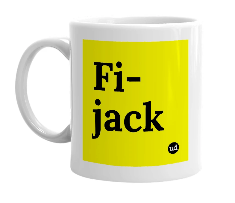 White mug with 'Fi-jack' in bold black letters