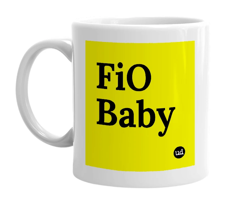 White mug with 'FiO Baby' in bold black letters