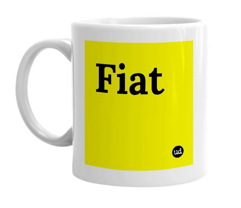 White mug with 'Fiat' in bold black letters
