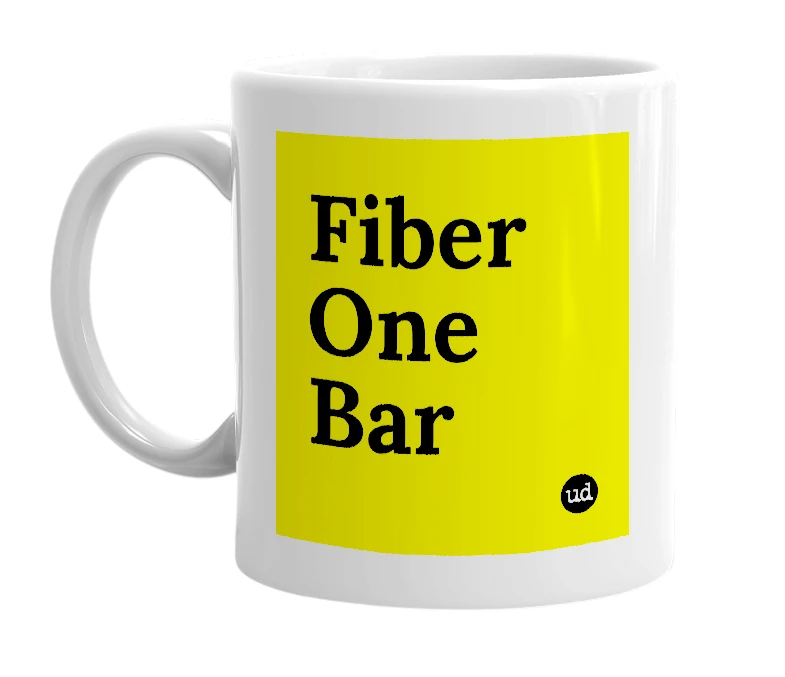 White mug with 'Fiber One Bar' in bold black letters