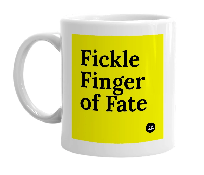 White mug with 'Fickle Finger of Fate' in bold black letters