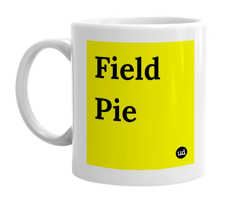 White mug with 'Field Pie' in bold black letters