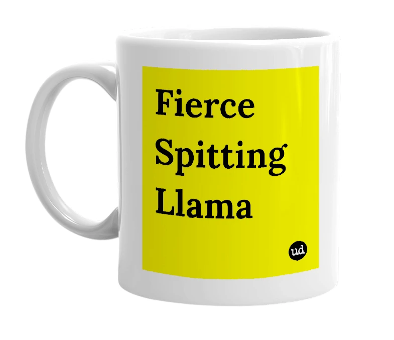 White mug with 'Fierce Spitting Llama' in bold black letters