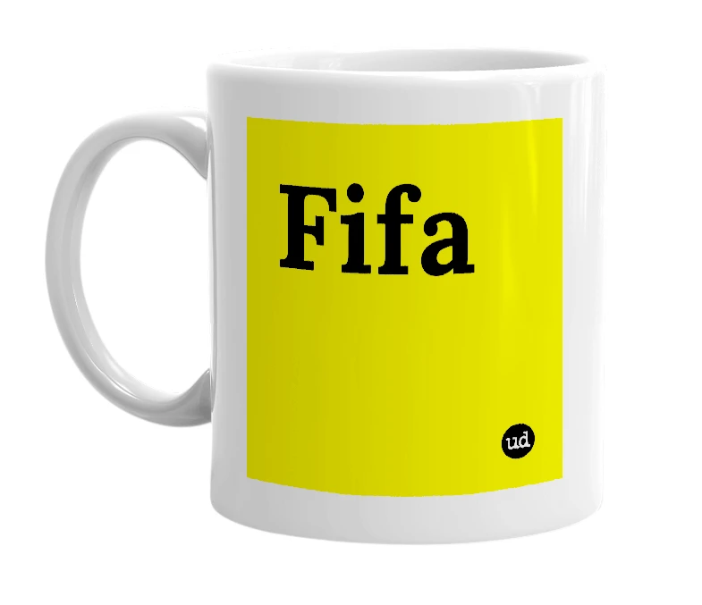 White mug with 'Fifa' in bold black letters