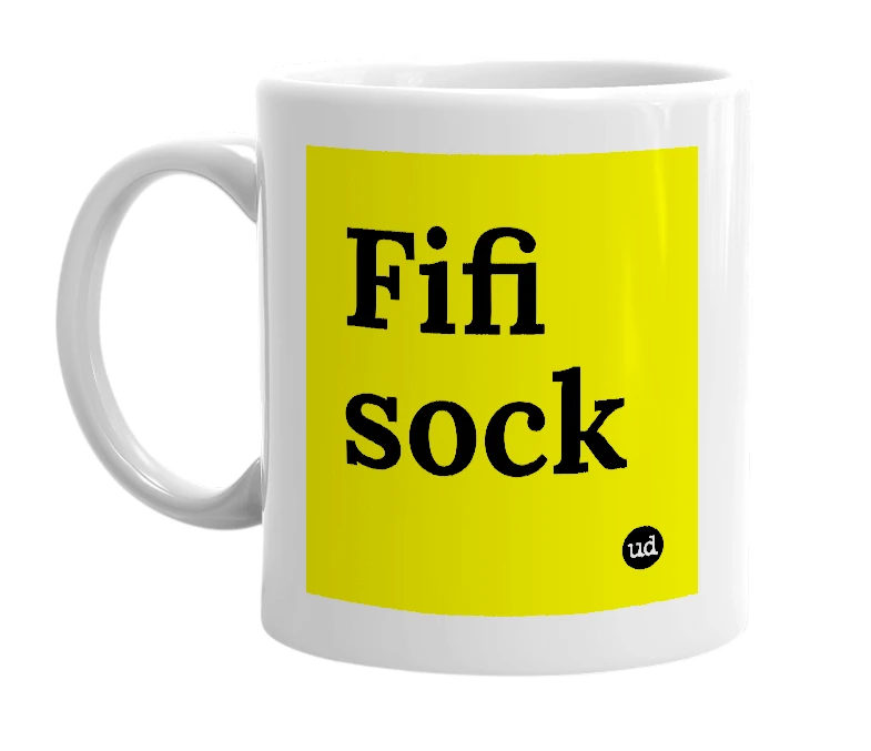 White mug with 'Fifi sock' in bold black letters