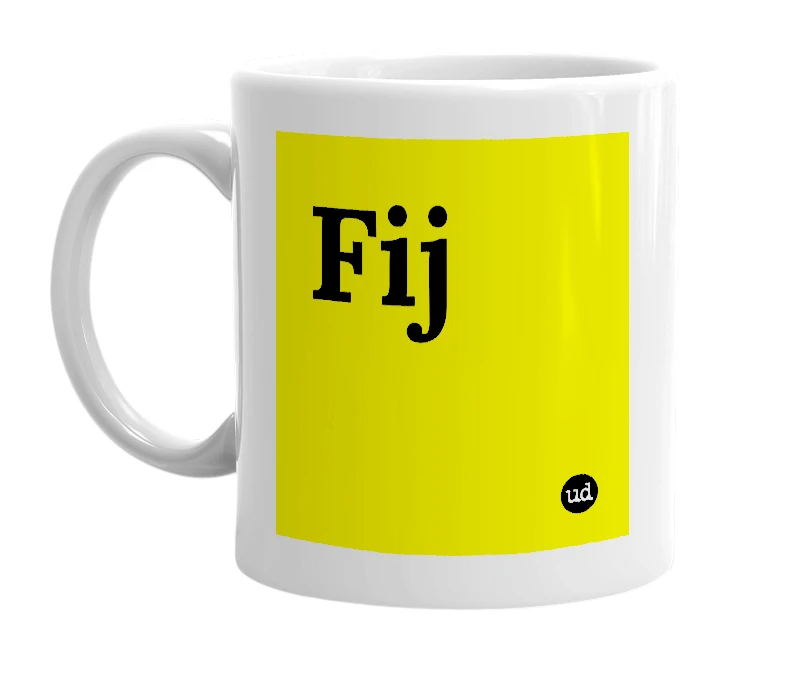 White mug with 'Fij' in bold black letters