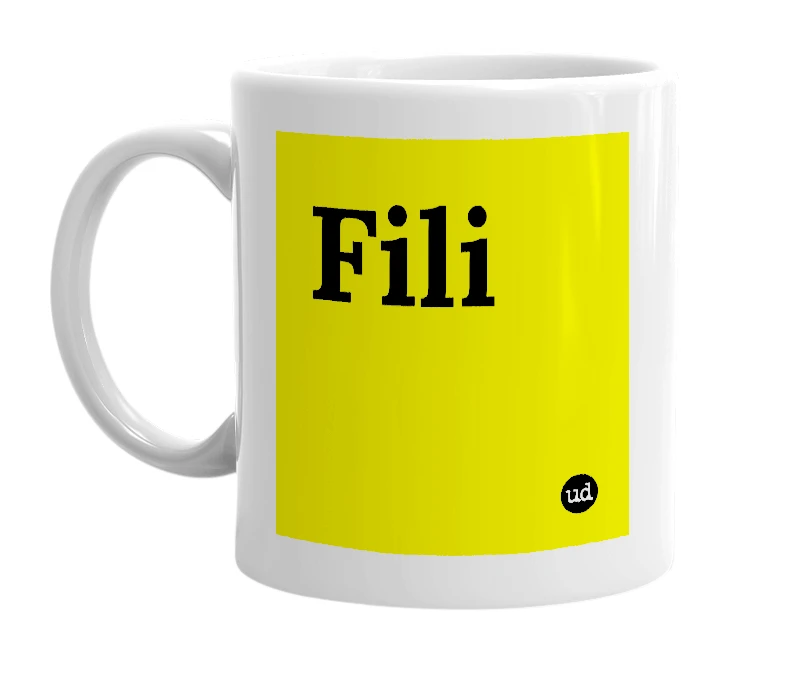 White mug with 'Fili' in bold black letters