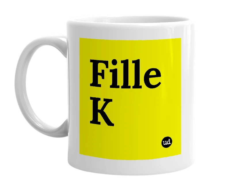 White mug with 'Fille K' in bold black letters