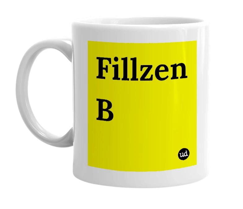 White mug with 'Fillzen B' in bold black letters