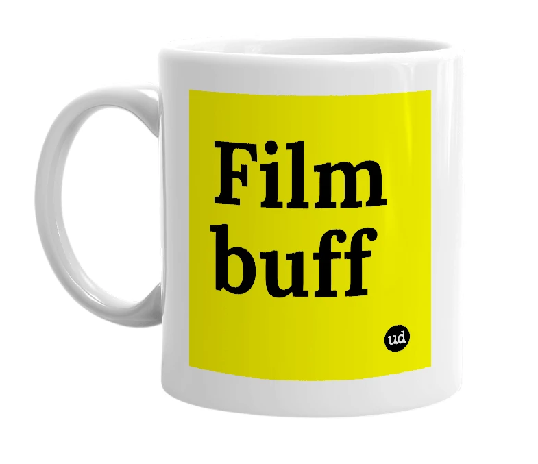 White mug with 'Film buff' in bold black letters