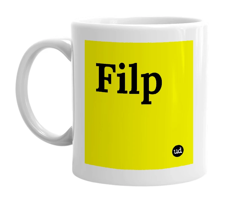 White mug with 'Filp' in bold black letters