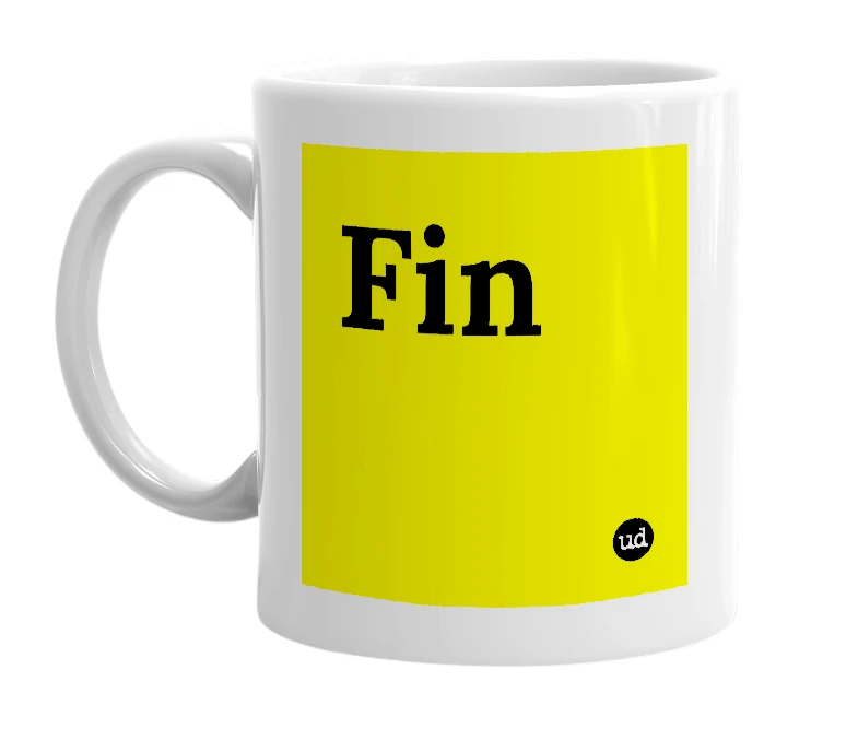 White mug with 'Fin' in bold black letters