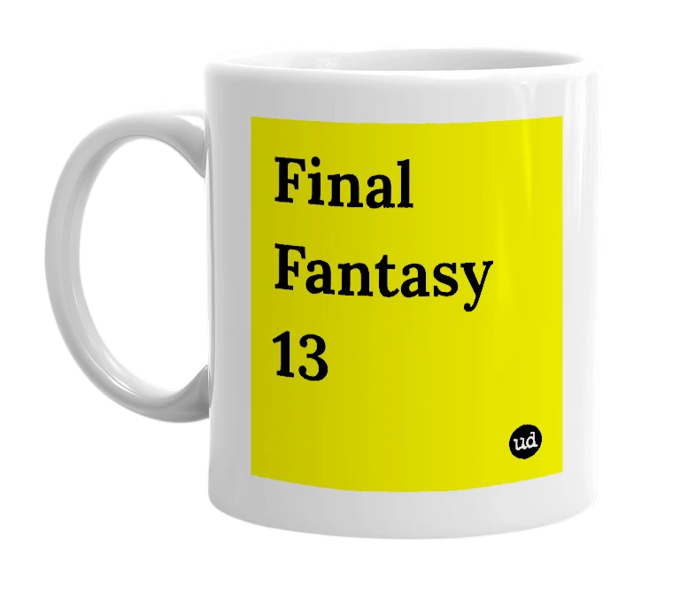 White mug with 'Final Fantasy 13' in bold black letters