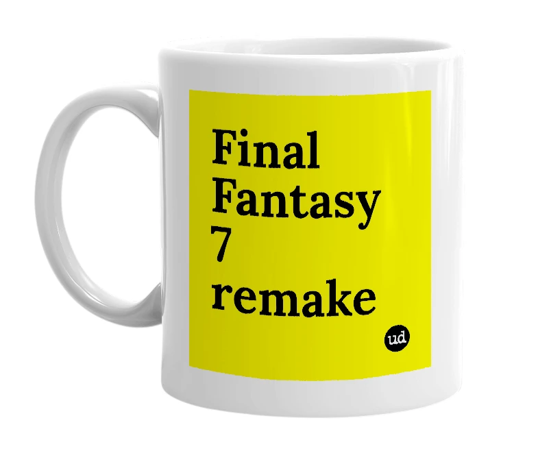 White mug with 'Final Fantasy 7 remake' in bold black letters