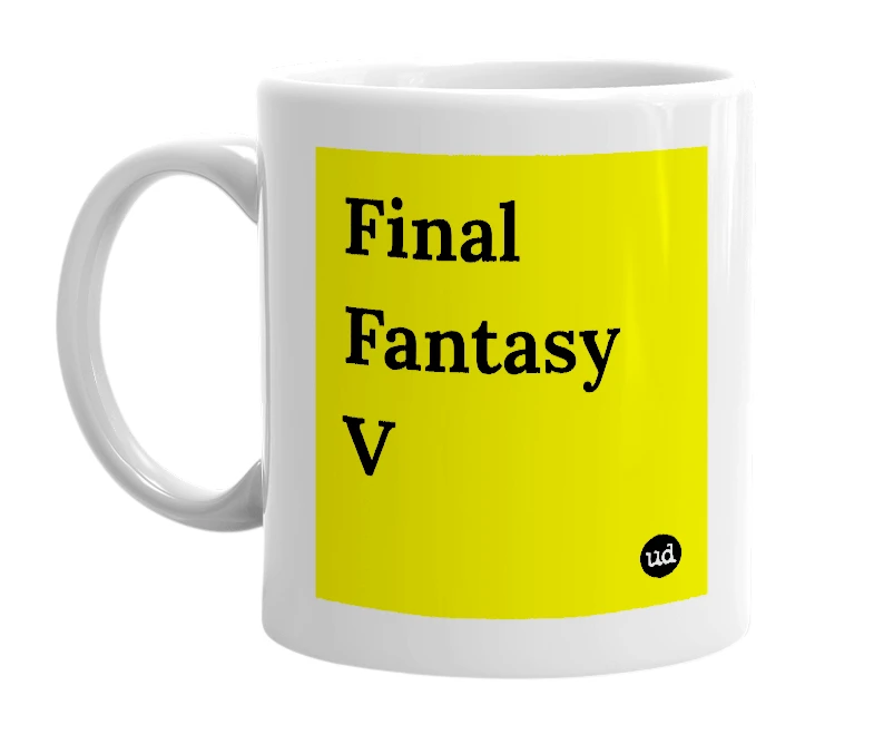 White mug with 'Final Fantasy V' in bold black letters
