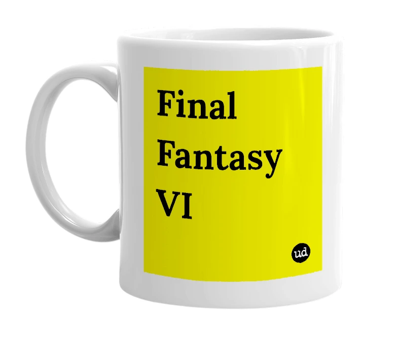 White mug with 'Final Fantasy VI' in bold black letters