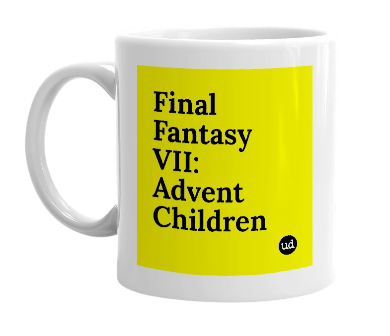 White mug with 'Final Fantasy VII: Advent Children' in bold black letters