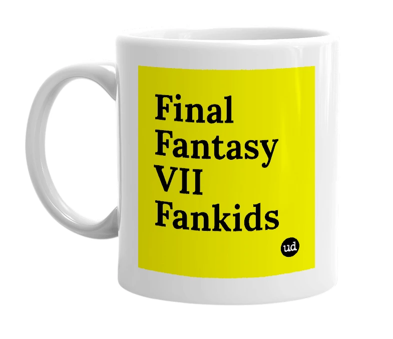 White mug with 'Final Fantasy VII Fankids' in bold black letters