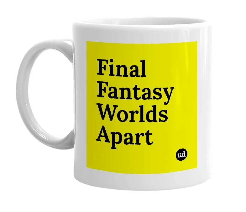 White mug with 'Final Fantasy Worlds Apart' in bold black letters