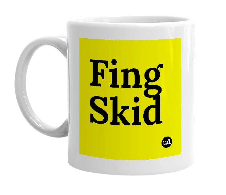 White mug with 'Fing Skid' in bold black letters