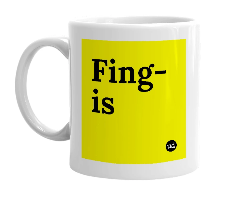 White mug with 'Fing-is' in bold black letters