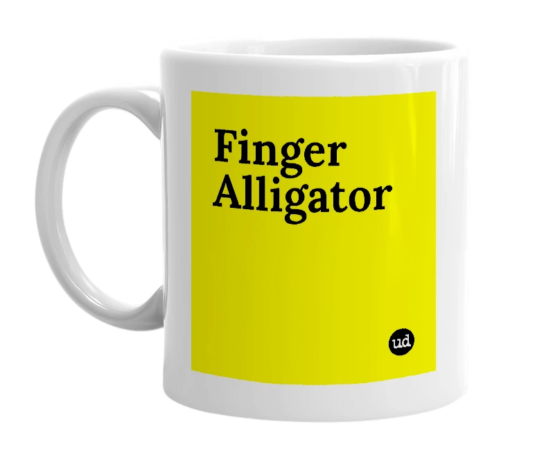 White mug with 'Finger Alligator' in bold black letters