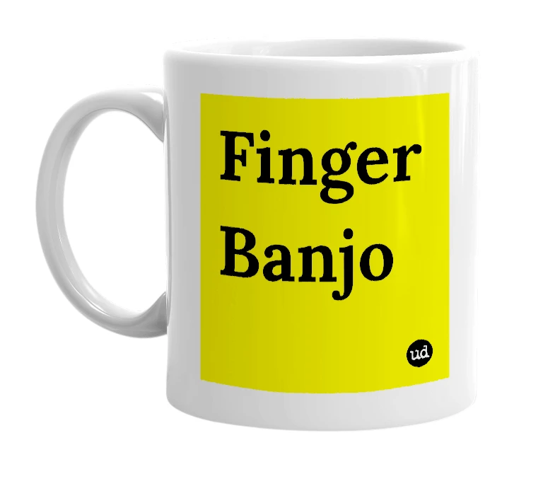 White mug with 'Finger Banjo' in bold black letters