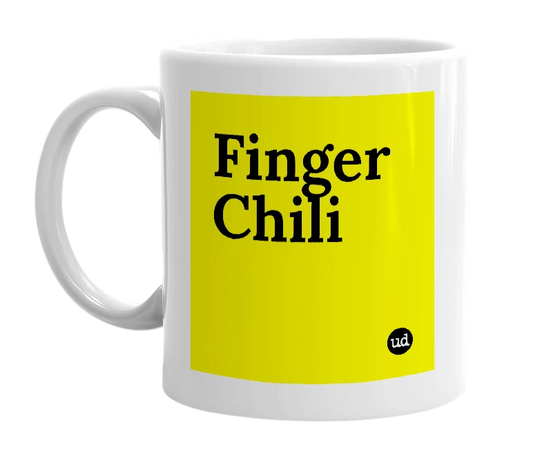 White mug with 'Finger Chili' in bold black letters